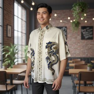 Rifftide Surfwear Asian Inspired Dragon Shirt Sz XL Cream Gold Blue 90s